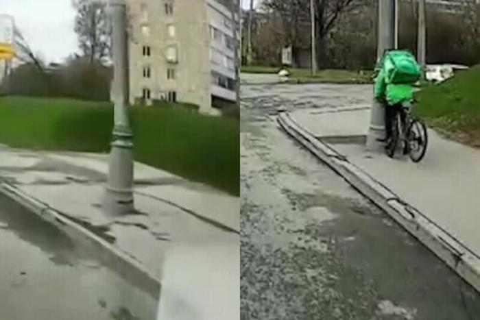 "Здравствуй, столб!": курьер на велосипеде (2 фото)